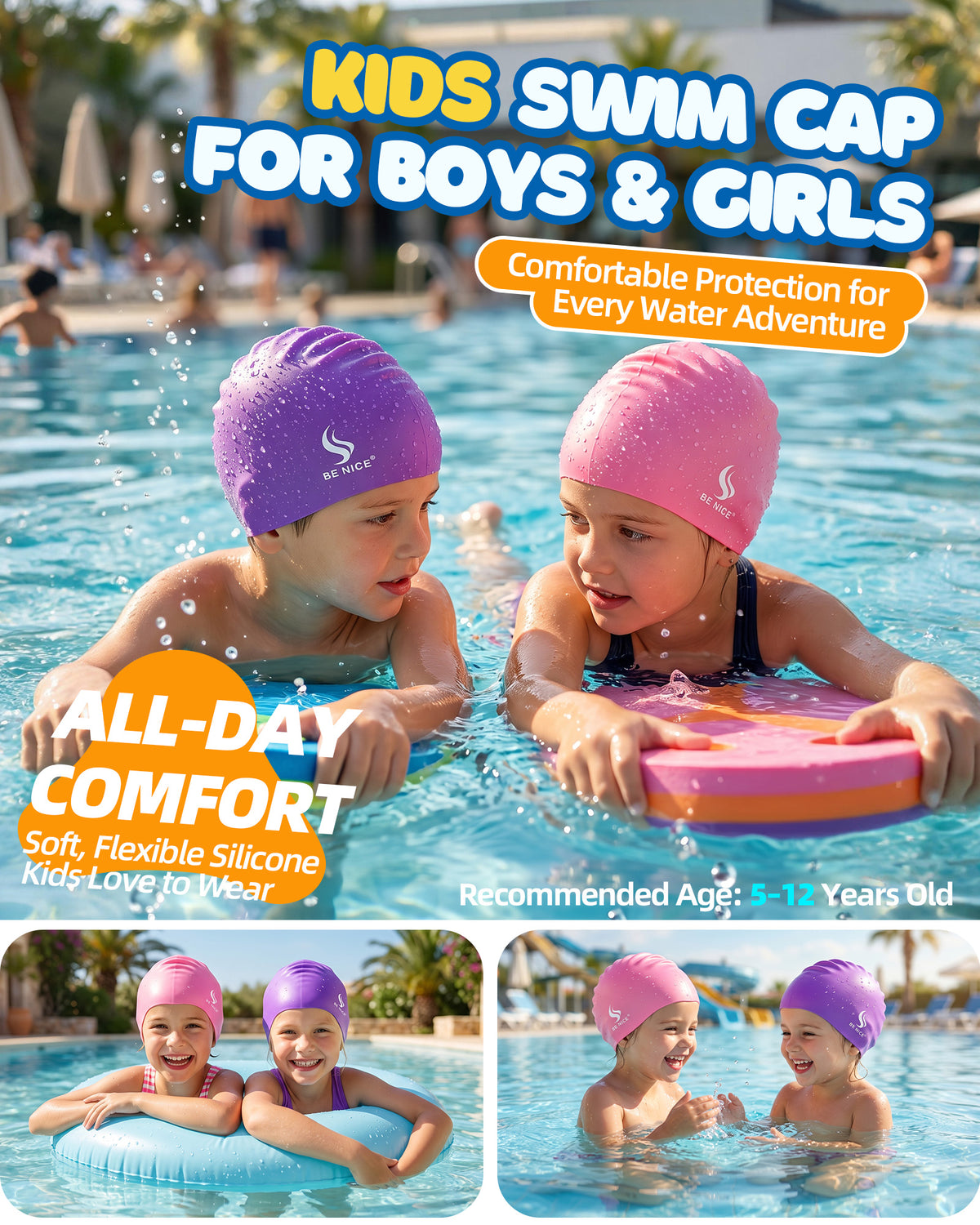 Kids Silicone Swim Caps 2 Pack for Boys & Girls, Waterproof Swim Cap with Ear Plugs & Nose Clips, Long Hair Swim Caps for Children Ages 4-12(Pink & Purple)