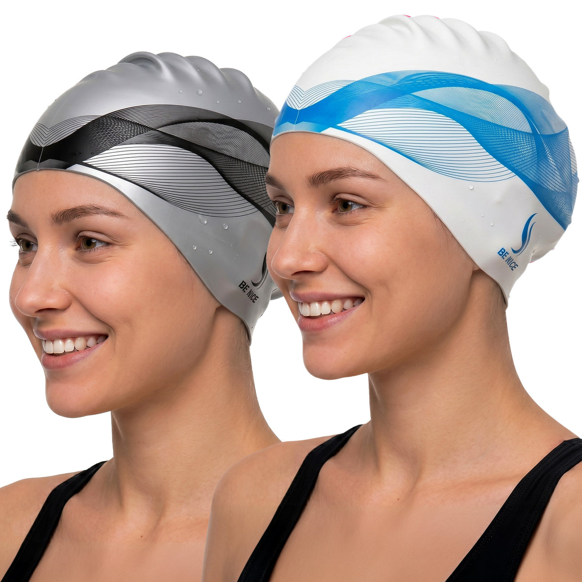 2 Pack Silicone Extra Large Swim Cap for Long Hair, Swimming Caps for Adult Women Men(Black & Blue)