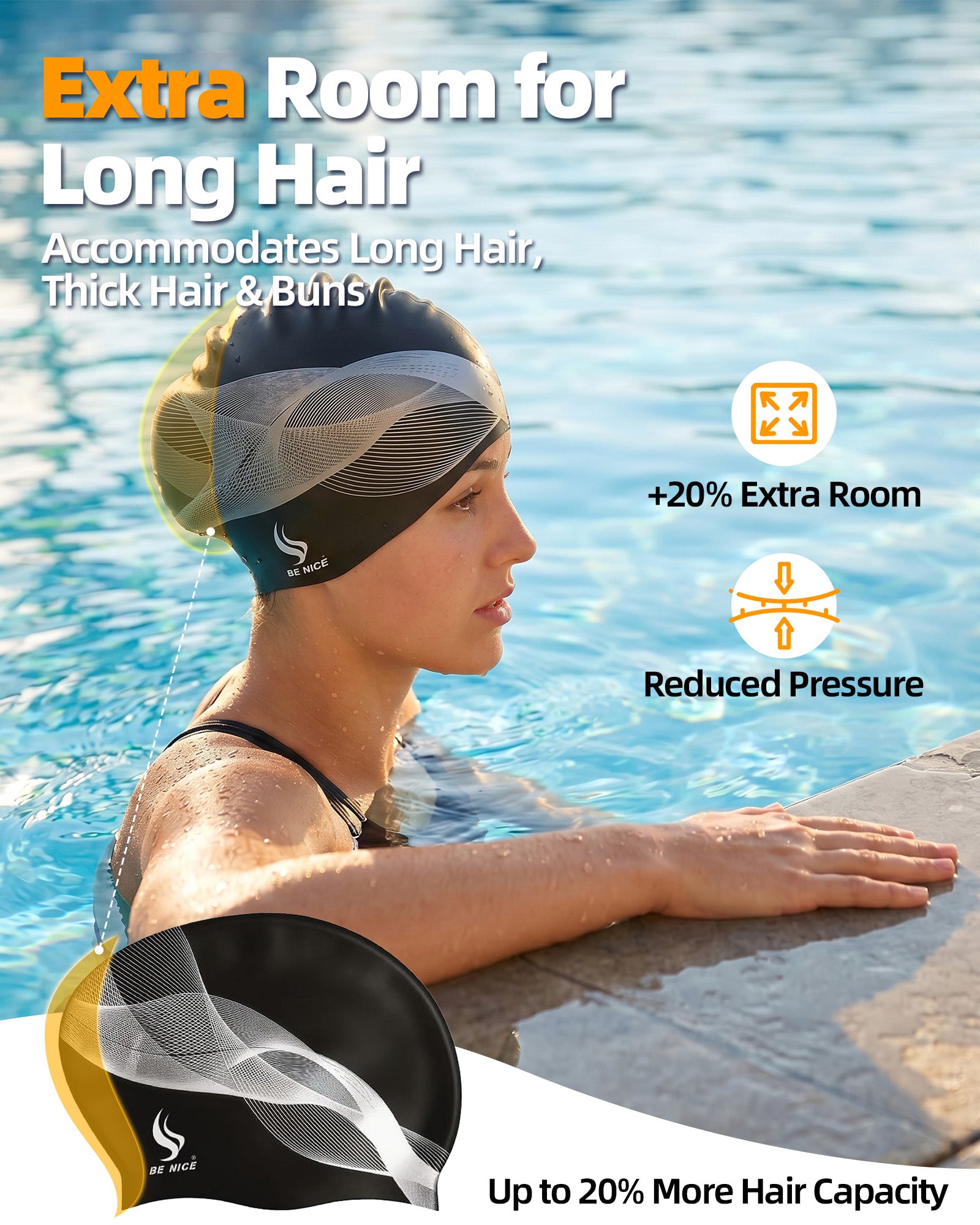 BENICE Silicone Swim Cap for Long Hair – Waterproof, Fits All Head Sizes