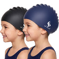 Kids Silicone Swim Caps 2 Pack for Boys & Girls, Waterproof Swim Cap with Ear Plugs & Nose Clips, Long Hair Swim Caps for Children Ages 4-12（Black & Blue）