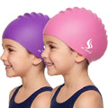 Kids Silicone Swim Caps 2 Pack for Boys & Girls, Waterproof Swim Cap with Ear Plugs & Nose Clips, Long Hair Swim Caps for Children Ages 4-12（Pink & Purple）
