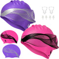 2 Pack Silicone Extra Large Swim Cap for Long Hair, Swimming Caps for Adult Women Men（Pink & Purple）